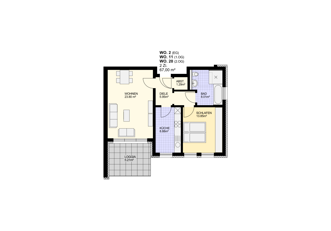 S C H L A F E N 1 3 . 8 5 m � B A D 8 . 0 1 m � K � C H E 8 . 8 8 m � D I E L E 5 . 9 5 m � A B S T . 1 . 2 9 m � L O G G I A 5 . 2 1 m � W O H N E N 2 3 . 8 0   m � W O .   2   ( E G ) W O .   1 1   ( 1 . O G ) W O .   2 0   ( 2 . O G ) 2   Z i . 6 7 , 0 0   m �