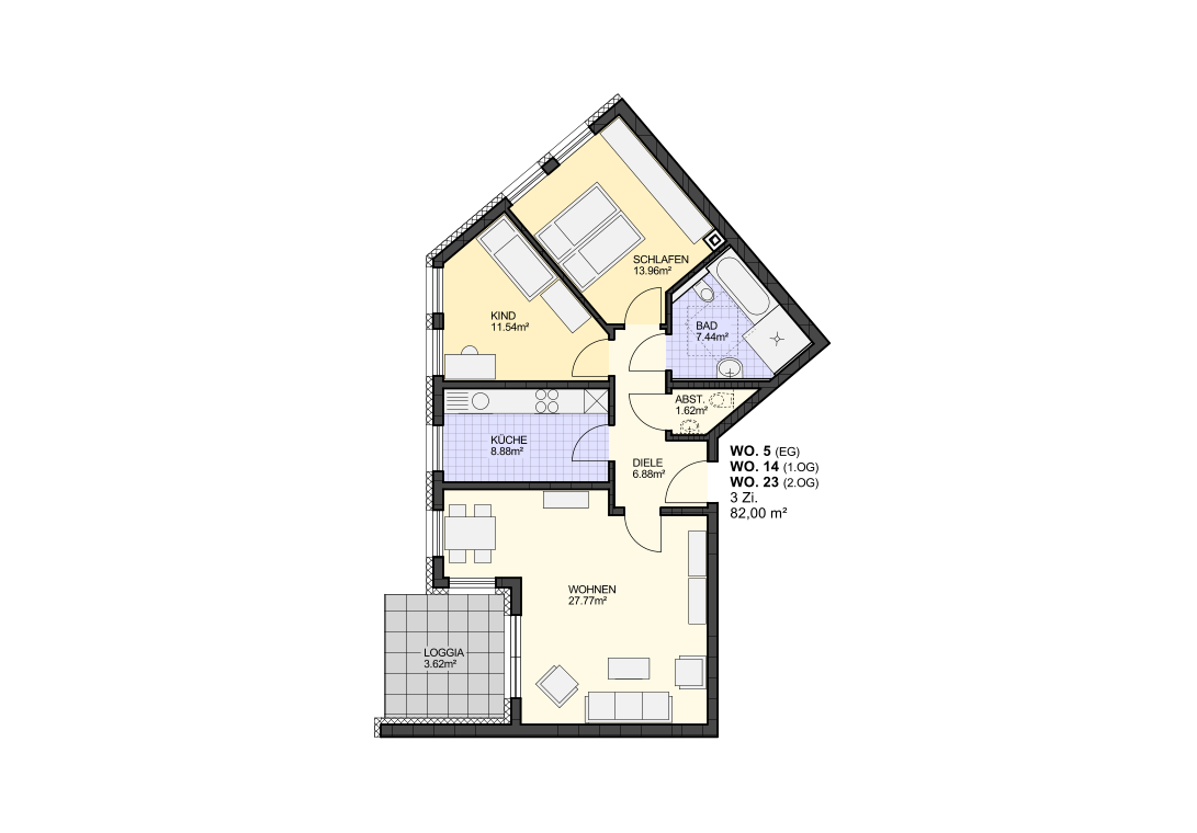 L O G G I A 3 . 6 2 m � K � C H E 8 . 8 8 m � K I N D 1 1 . 5 4 m � D I E L E 6 . 8 8 m � S C H L A F E N 1 3 . 9 6 m � B A D 7 . 4 4 m � A B S T .   1 . 6 2 m � W O H N E N 2 7 . 7 7 m � W O .   5   ( E G ) W O .   1 4   ( 1 . O G ) W O .   2 3   ( 2 . O G ) 3   Z i . 8 2 , 0 0   m �