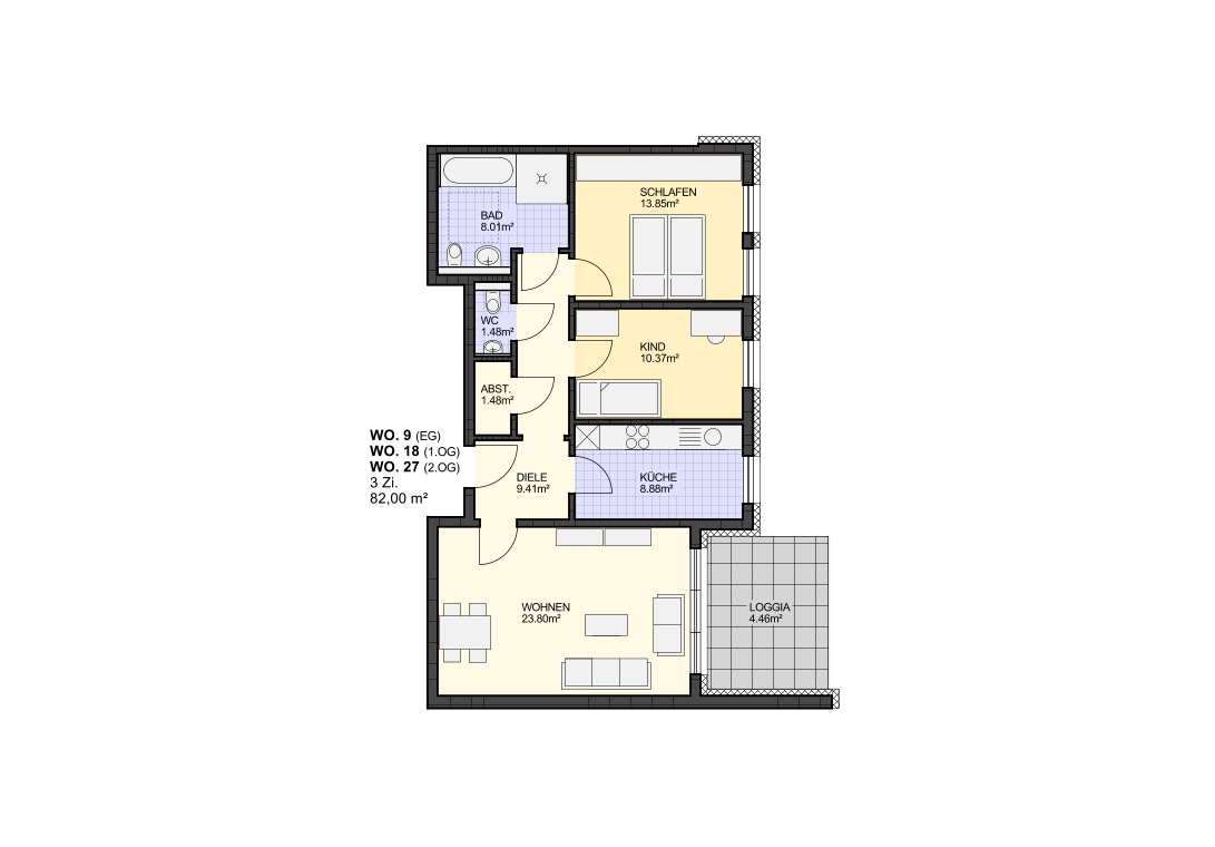 W O H N E N 2 3 . 8 0 m � L O G G I A 4 . 4 6 m � S C H L A F E N 1 3 . 8 5 m � W C 1 . 4 8 m � A B S T . 1 . 4 8 m � K I N D 1 0 . 3 7 m � D I E L E 9 . 4 1 m � K � C H E 8 . 8 8 m � B A D 8 . 0 1 m � W O .   9   ( E G ) W O .   1 8   ( 1 . O G ) W O .   2 7   ( 2 . O G ) 3   Z i .   8 2 , 0 0   m �