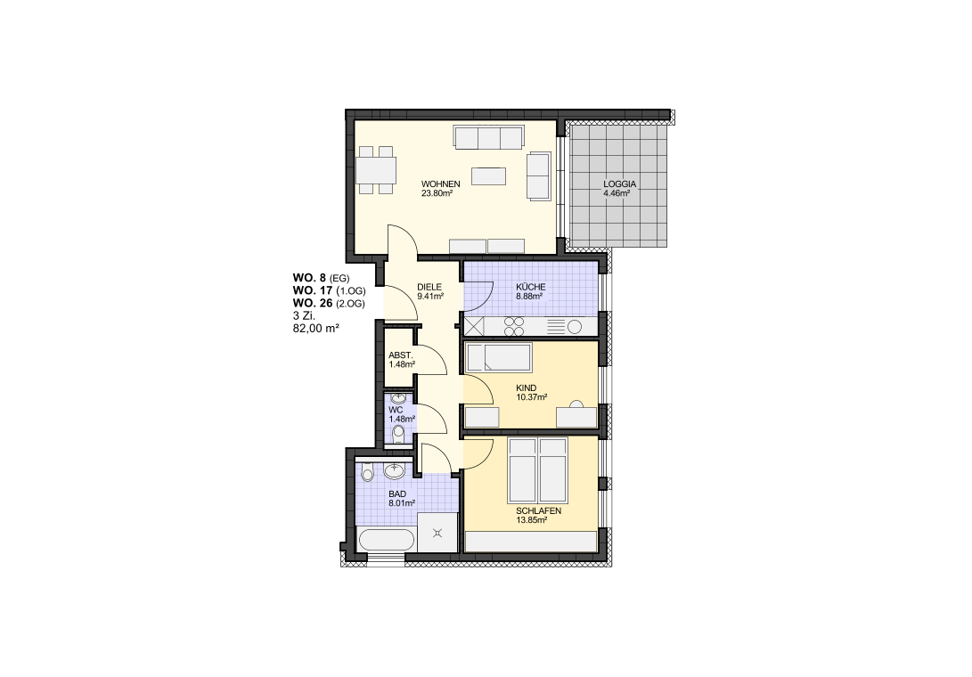 S C H L A F E N 1 3 . 8 5 m � K I N D 1 0 . 3 7 m � K � C H E 8 . 8 8 m � D I E L E 9 . 4 1 m � A B S T . 1 . 4 8 m � W C 1 . 4 8 m � B A D 8 . 0 1 m � W O H N E N 2 3 . 8 0 m � L O G G I A 4 . 4 6 m � W O .   8   ( E G ) W O .   1 7   ( 1 . O G ) W O .   2 6   ( 2 . O G ) 3   Z i .   8 2 , 0 0   m �